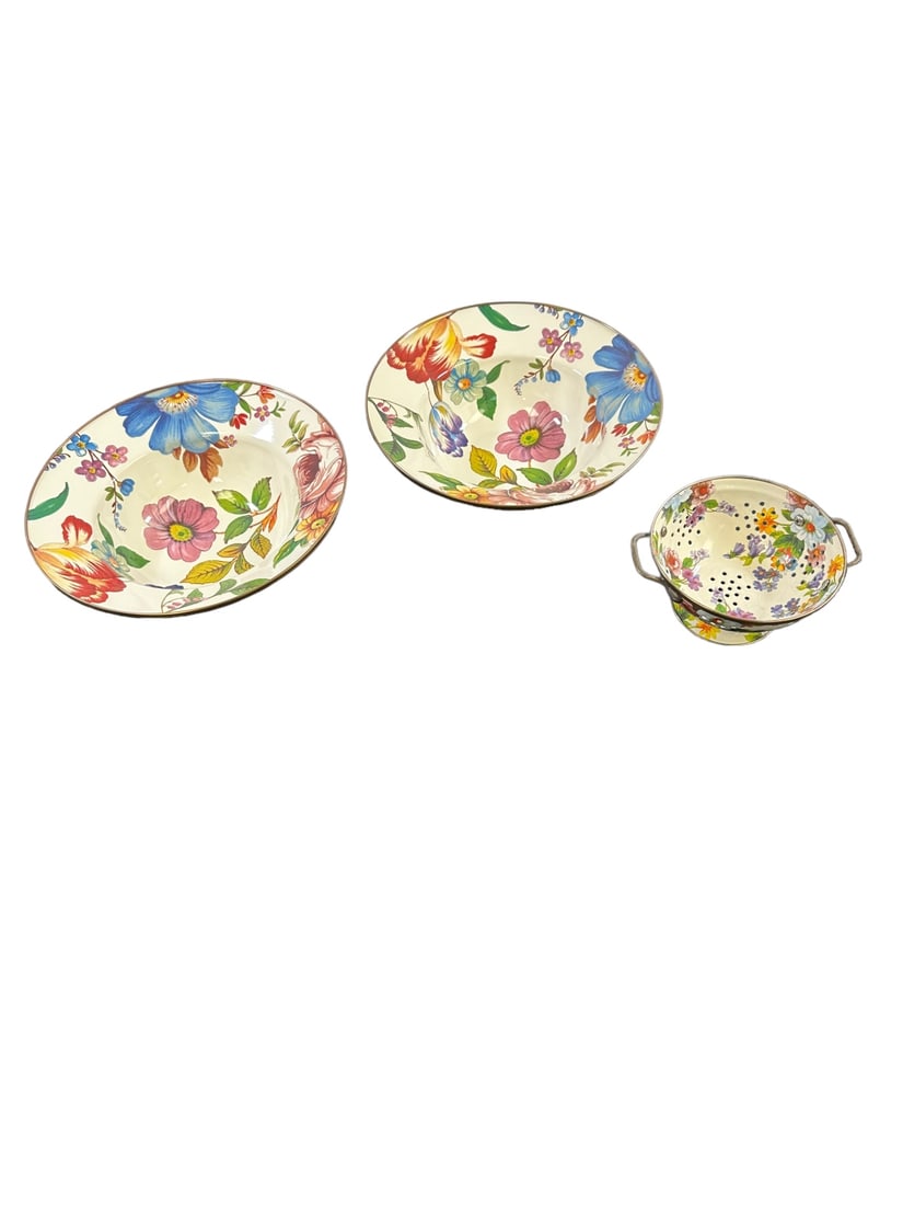 3pc MacKenzie-Childs "Flower Market" Pattern Bowls: 3 Pieces by MacKenzie-Childs, Flower Market pattern, (2) serving bowls enameled with copper rim, measures 12" dia. x 3.75" and (1) colander, 2 handles, enameled with copper rim, measures 6.5" dia. x 3