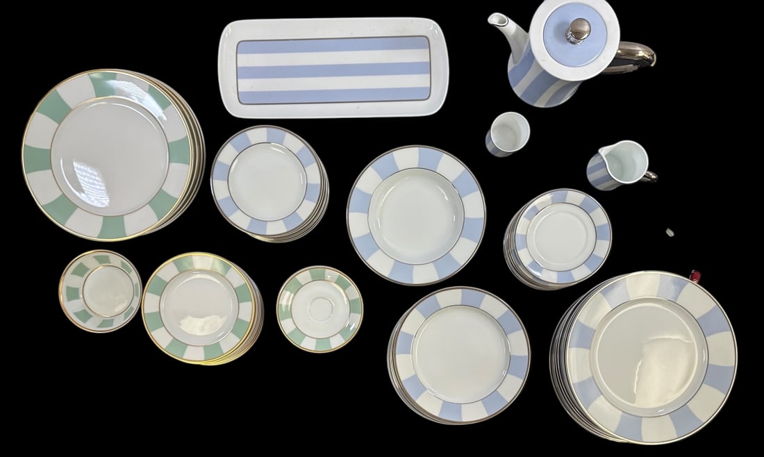 68pc Limoges Bernardaud "Wallis" & "Amande": 68 Pieces by Limoges Bernardaud, all stamped on bottom, Wallis pattern, green stripe with gold rims, (1) small bowl measures 5.25" dia. x 1.25", (8) bread plates measure 6.75" dia., (7) tea cup saucer