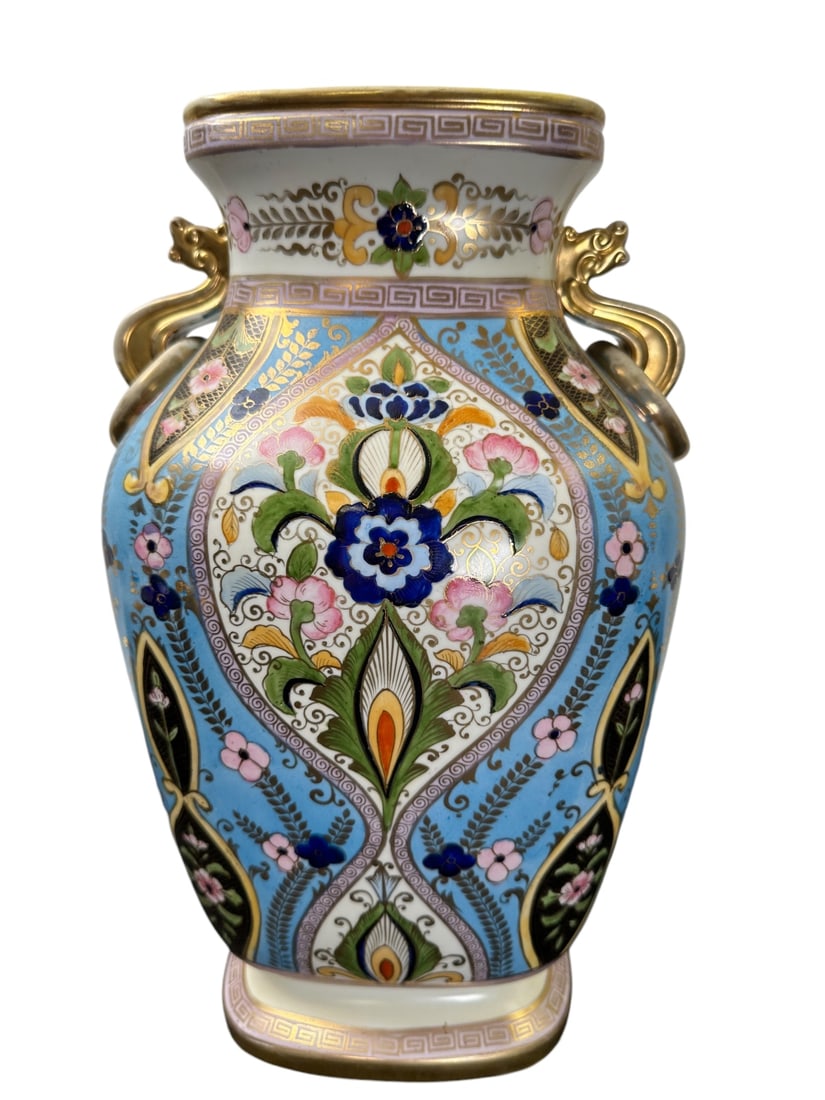 Lg Nippon Vase Art Nouveau Hand Painted: Large Nippon porcelain vase with double handles. Art nouveau floral pattern with gold gilt, geometric greek key border and jeweled detail and heavily enameled. Very nice piece. Excellent condition sho