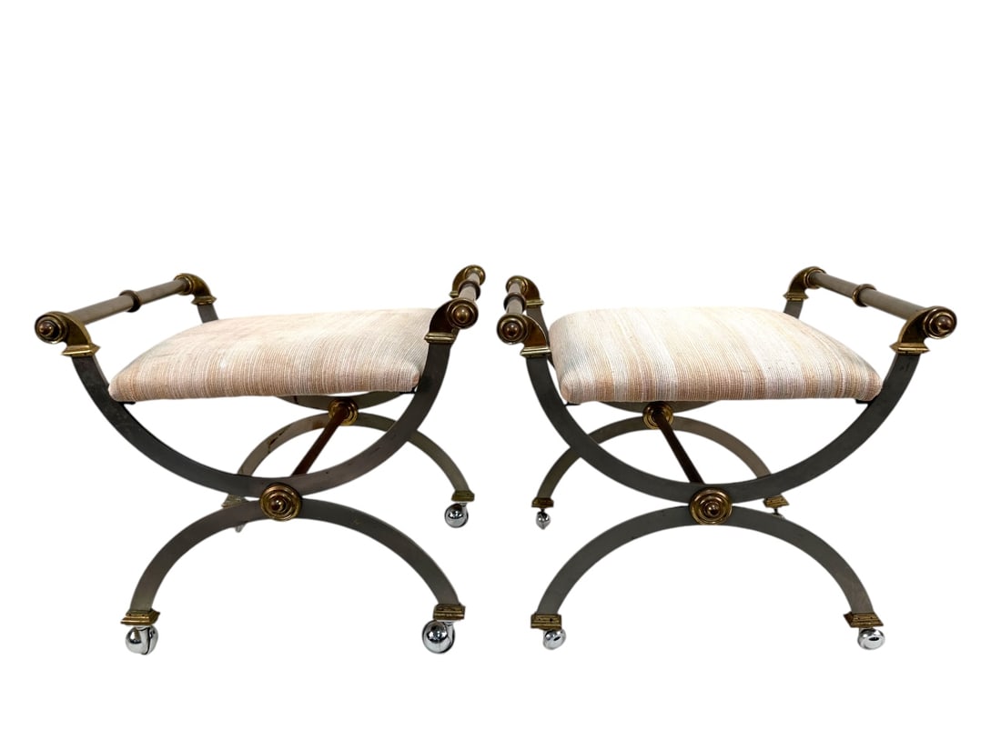 Pr Maison Jensen Curule Benches: Pair Maison Jensen curule benches, x form with wheels, steel and brass. Excellent condition. Measure 22.5" x 18" x 19.5"