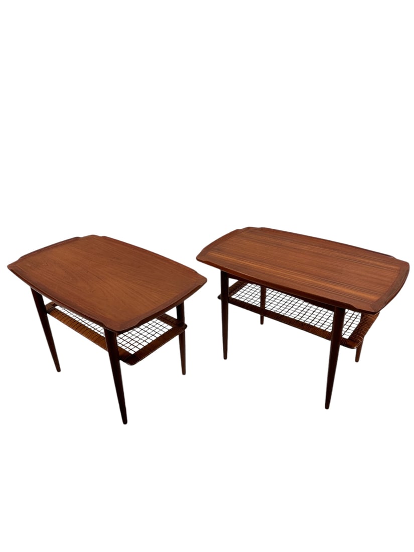 Pr Paul Jensen Danish Modern Rosewood End Tables: Pair Poul Thorsbjerg Jensen imported by Selig, mid century modern, Danish modern rosewood end tables coffee tables with rattan shelf, top has turned up edge. Button on bottom said Made and finished in