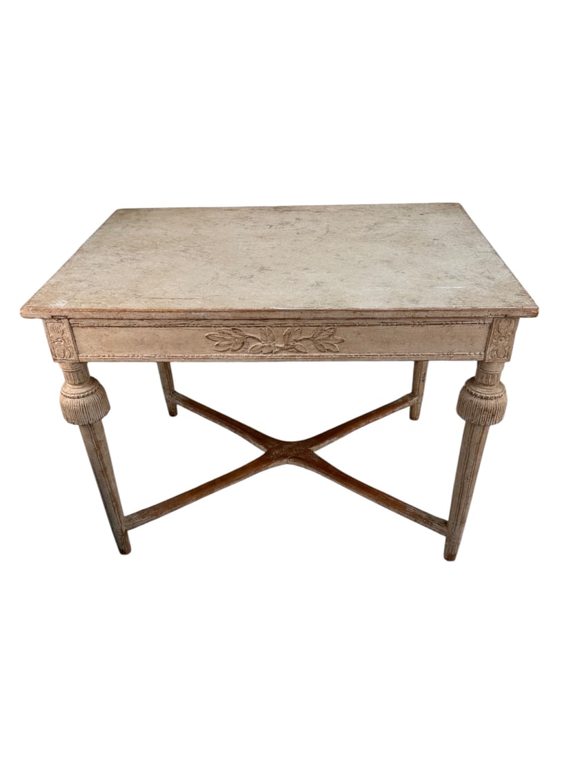 19C Danish Rectangular Painted Table: 19th Century Danish rectangular white painted table with two drawers and tassel draped legs, X form stretcher, floral detail on table skirt on one side and cornucopia design on other side. Excellent c