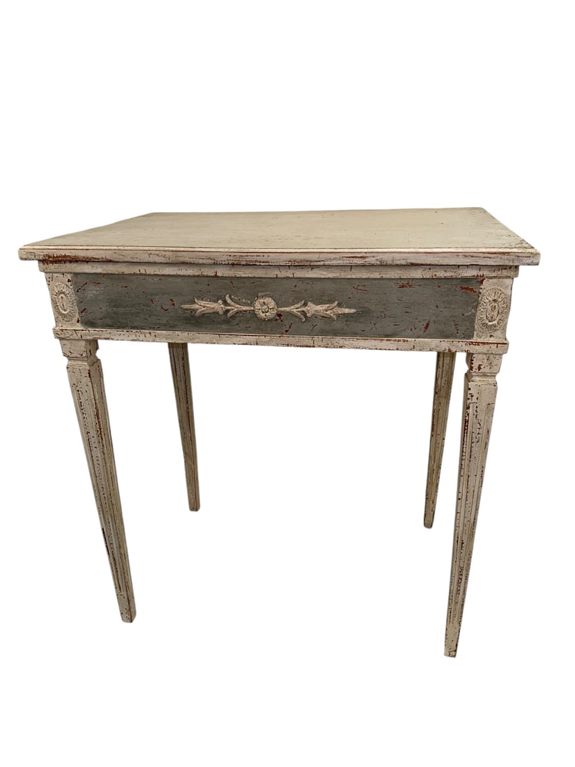 19C Danish Rectangular Painted Work Table: 19th Century Danish rectangular white and blue painted work table with removable top and tapered legs, peg construction, floral detail on table skirt. Excellent condition. Measures 28.5" x 19.5" x 30"