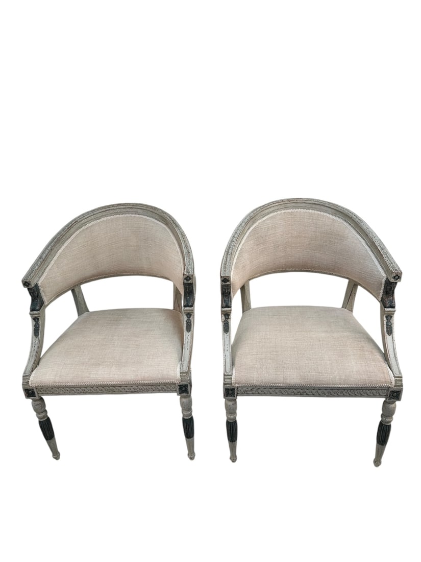 Pr 1820s Toscano Neoclassical Egyptian Revival Chairs: 1820s Pair of Toscano Neoclassic Egyptian revival bucket chairs with pharaohs on arms, peg construction, ribbon and ball detail on front and sides of chair, tapered leg with skirt. Fitted with rectang