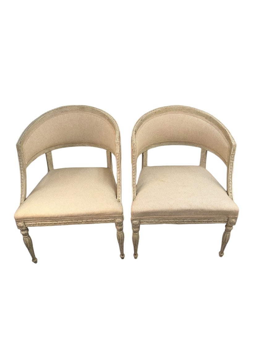 Pr Swedish Gustavian Ball Bucket Chairs: Pair Swedish Gustavian ball bucket chairs. Excellent condition, there is a tear in the fabric on the underside of chair - see pics. Measure 24" x 25" x 32.5"