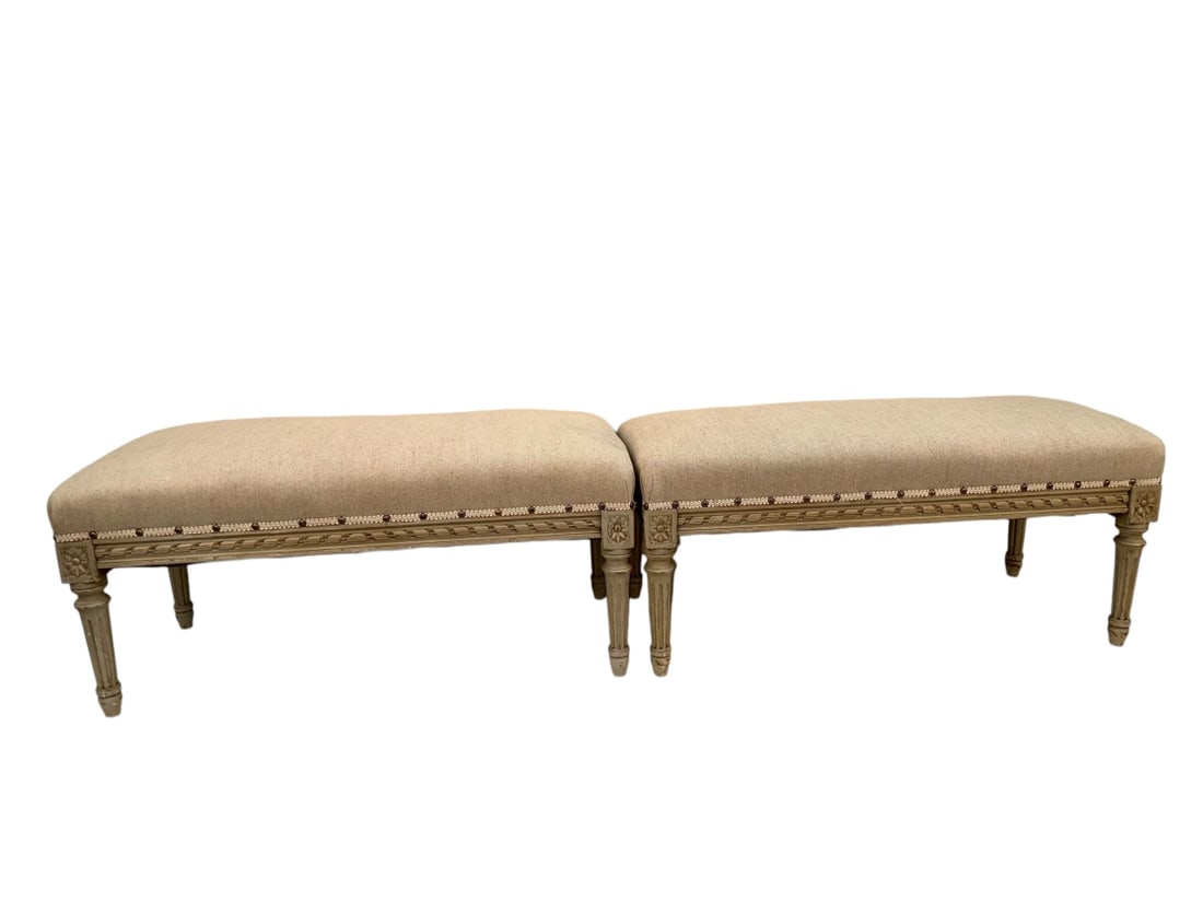 Pr 18C Swedish Gustavian Benches: Pair 18th Century Swedish Gustavian benches, white painted with reeded legs, floral and ribbon detail. Excellent condition. Measure 35" x 16" x 16".