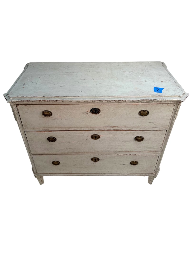 Swedish 1820s Gustavian Style White Painted Chest: Swedish 1820s Gustavian style white painted chest, 3 drawers with locking mechanism, tapered and reeded legs, bronze pulls. Excellent condition. Chest #1 and Chest #2 are almost the same size with dif
