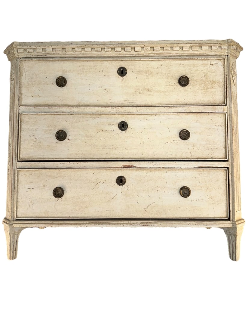 Swedish 1820s Gustavian Style White Painted Chest: Swedish 1820s Gustavian style white painted chest, 3 dove tail drawer, locking, circular brass pulls, tapered legs. Excellent condition. Measures 35.5" x 17.5" x 31". #3