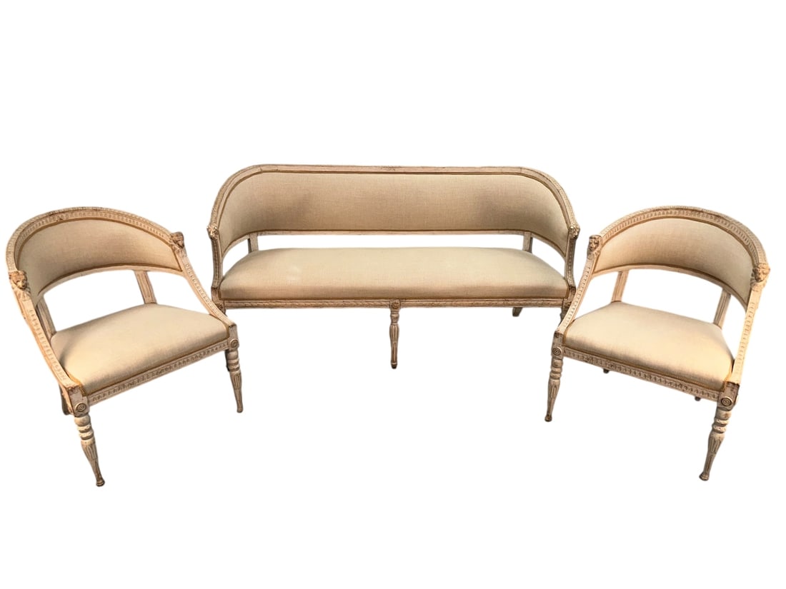 3pc Swedish 1820s Gustavian Bucket Chairs & Settee: 3 Piece 1820s Swedish Gustavian pairs bucket tub chairs and (1) settee, each with carved lions heads on arm rests, tapered and turned carved legs. Excellent condition. Chairs measure 24.5" x 27" x 32"