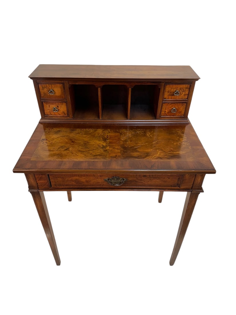 Vntg Ladies Writing Desk Small: Small Vintage ladies writing desk table walnut and walnut burl wood. Top of desk is removable. Top has 4 drawers. Desk table has one middle drawer. Excellent condition. Measures 28.5" x 20" x 38".