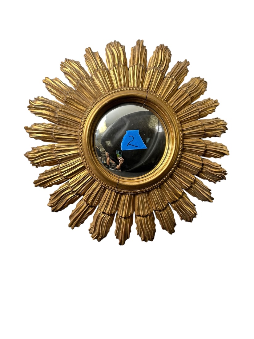 50s Starburst Flame Sunburst Gilded Wood Mirror: 1950s starburst, flame, sunburst, bullseye, gilded wood mirror. Very good condition, rim shows shrinkage cracks x2. Measures 22" dia. #2