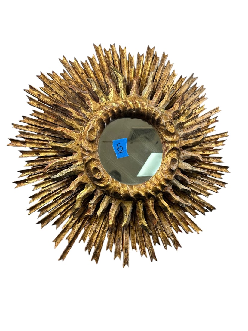 50s Gilded Wood Convex Sunburst Starburst Mirror: 1950s gilded wood convex sunburst mirror, starburst mirror, flames, bullseye. Excellent condition. Measures 24" dia. #6