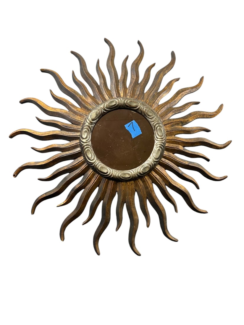 19C Gilded Wood Convex Sunburst Starburst Mirror: 19th Century gilded wood convex sunburst mirror, starburst mirror, bullseye, flame mirror. Smoked mirror lens. Excellent condition with minor loss (see pic). Measures 27" dia. #7