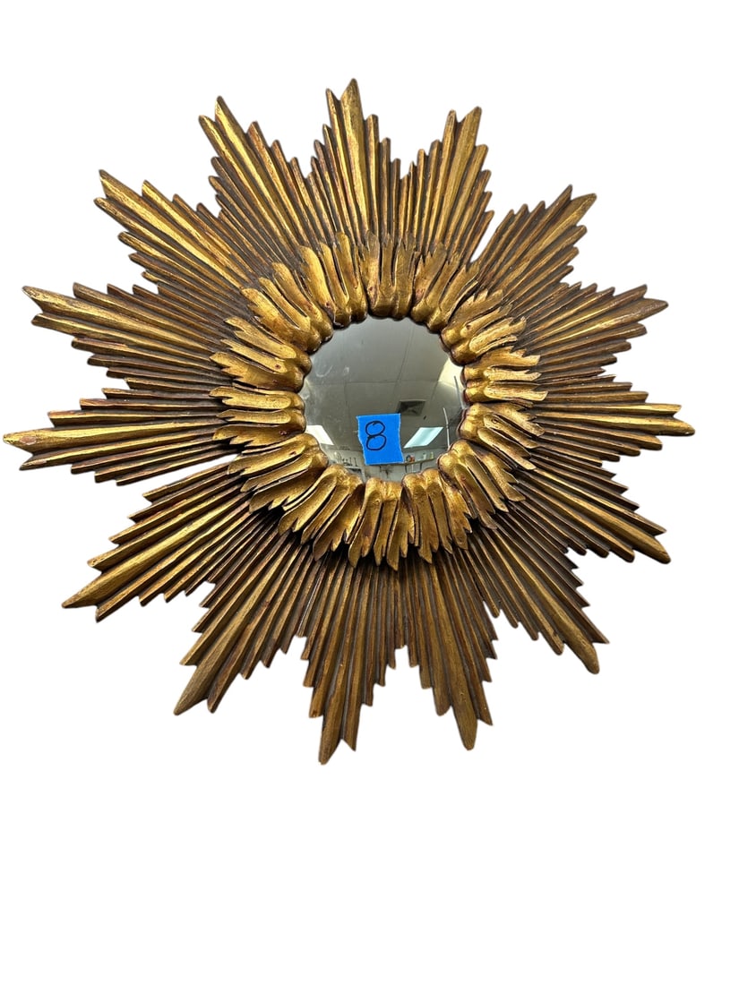 50s Gilded Wood Convex Sunburst, Starburst Mirror: 1950s gilded wood convex sunburst mirror, starburst mirror, bullseye. Excellent condition, shows shrinkage where pieces came apart, see photo of back. Measures 28" dia. #8