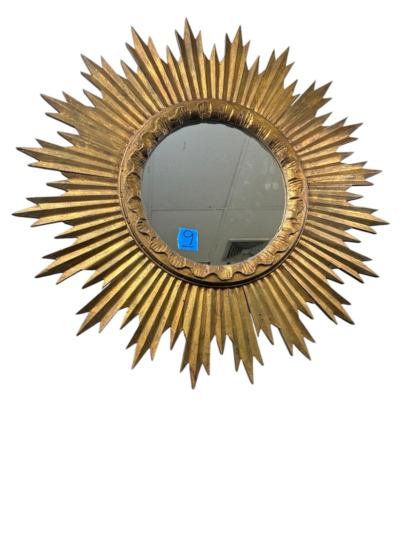 50s Gilded Wood Convex Sunburst Starburst Mirror: Large 1950s gilded wood convex sunburst mirror, starburst mirror. Excellent condition. Wow look at. the back of this mirror! Measures 35" dia. #9