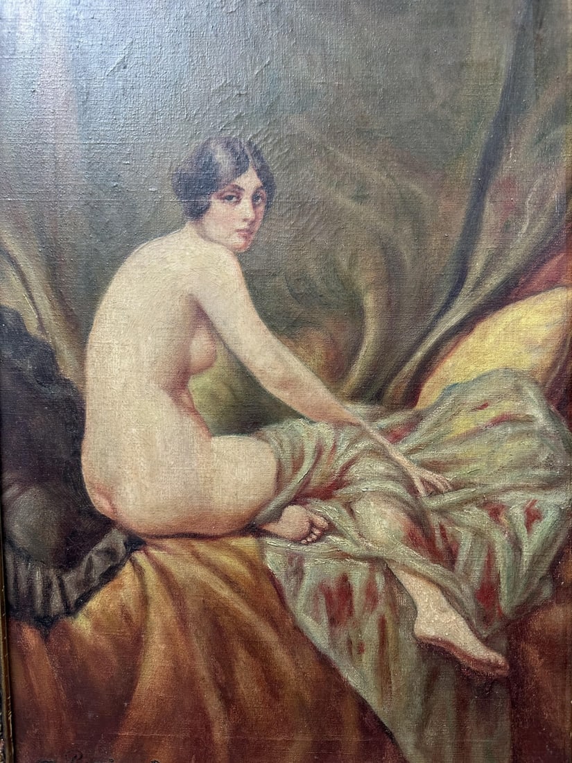 Antq M Persian E Oil on Canvas Nude Woman on Bed: Antique oil on canvas of nude woman on a bed, signed M Persian E. Signed lower left. E. Excellent antique condition. Art measures 11" x 16.5", frame measures 15.25" x 21".