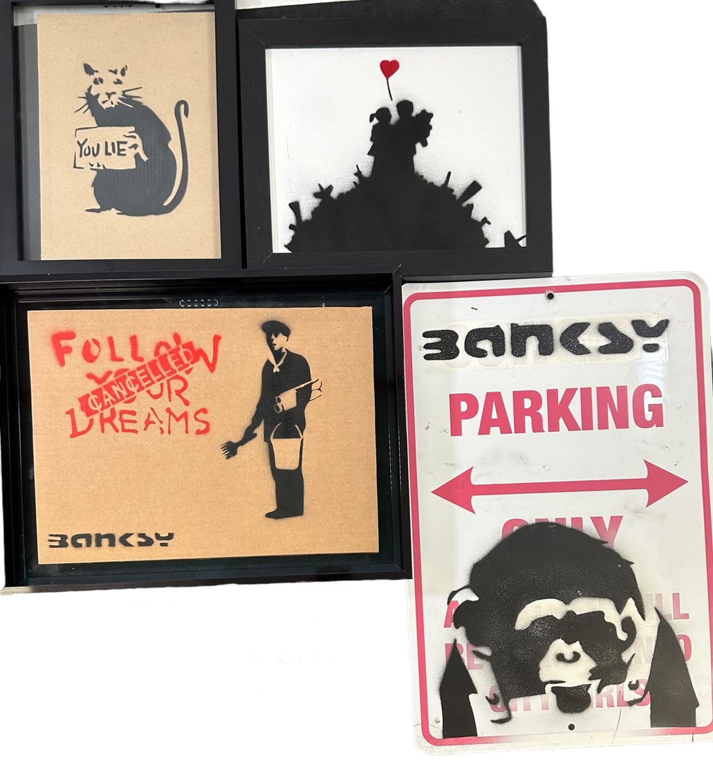 4pc by Banksy: 4 Pieces by Banksy, (1) Spray paint on cardboard, #75/100, on verso "Banksy is Dismal", numbered 75/100, and "enjoy your free art", measures 7.25" x 9.5", (1) "Follow Your Dreams - Cancelled", spray p