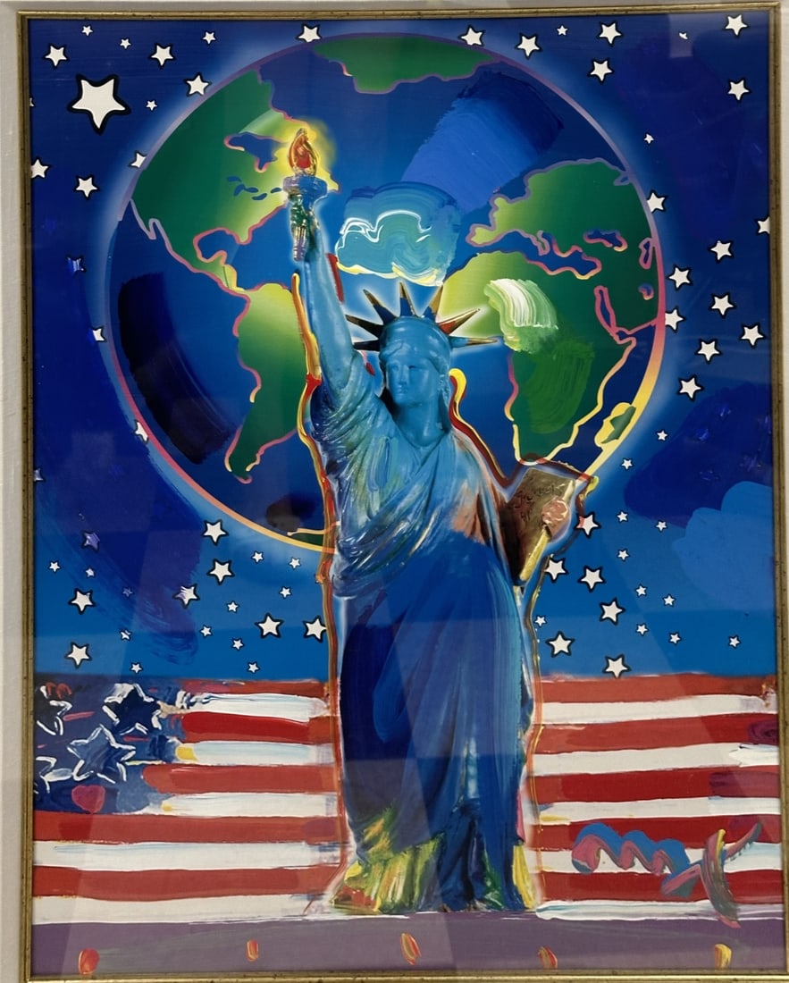 Peter Max "Peace On Earth" Mixed Media: Peter Max mixed media, titled "Peace on Earth". Purchased on Carnival Paradise 7/25/05. Reg # 118298.2729, Batch #227. Signed lower right. Excellent condition. Art measures 17" x 23", frame measures 3