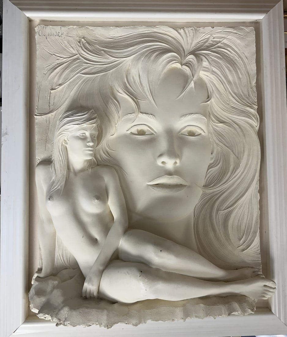 Bill Mack "Visions" Mid Century Bonded Sculpture: Bill Mack mid century bonded sand sculpture, titled "Visions". Nude female relief sculpture. Excellent condition. Signed upper right. This will require a shipper. Sculpture measures 39" x 47", frame m
