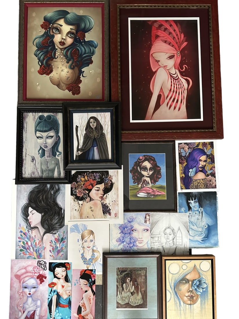 17pc Originals & Prints Anarkitty, Ruiz, Alden: 17 Piece mixed lot of originals and limited edition prints, (1) Jamie Brown "Princess Neptune" print on canvas, signed lower right in ink, measures 19" x 23", (1) Anarkitty (Emma Geary) limited editio