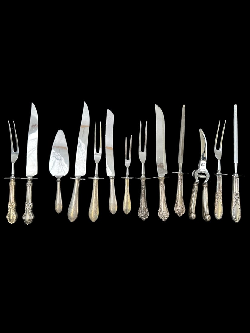 13pc Sterling Silver Handled Carving Sets: 13 Pieces of sterling silver handled carving sets and bone shears with stainless steel blades. Measures 9.5" - 14".