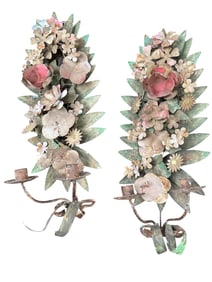 Pr Italian Wrought Iron Floral Wall Sconces