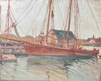 Helen Turquand Oil on Masonite Ship in Harbor