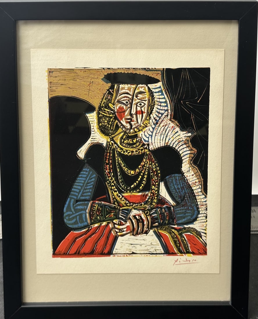 Pablo Picasso Original Linocut Signed COA: Pablo Picasso original color linocut, titled "Portrait of Lady, after Lucas Cranach the Younger", Certificate of Authenticity, hand signed in red crayon lower right, Printed in France, Published by Ed