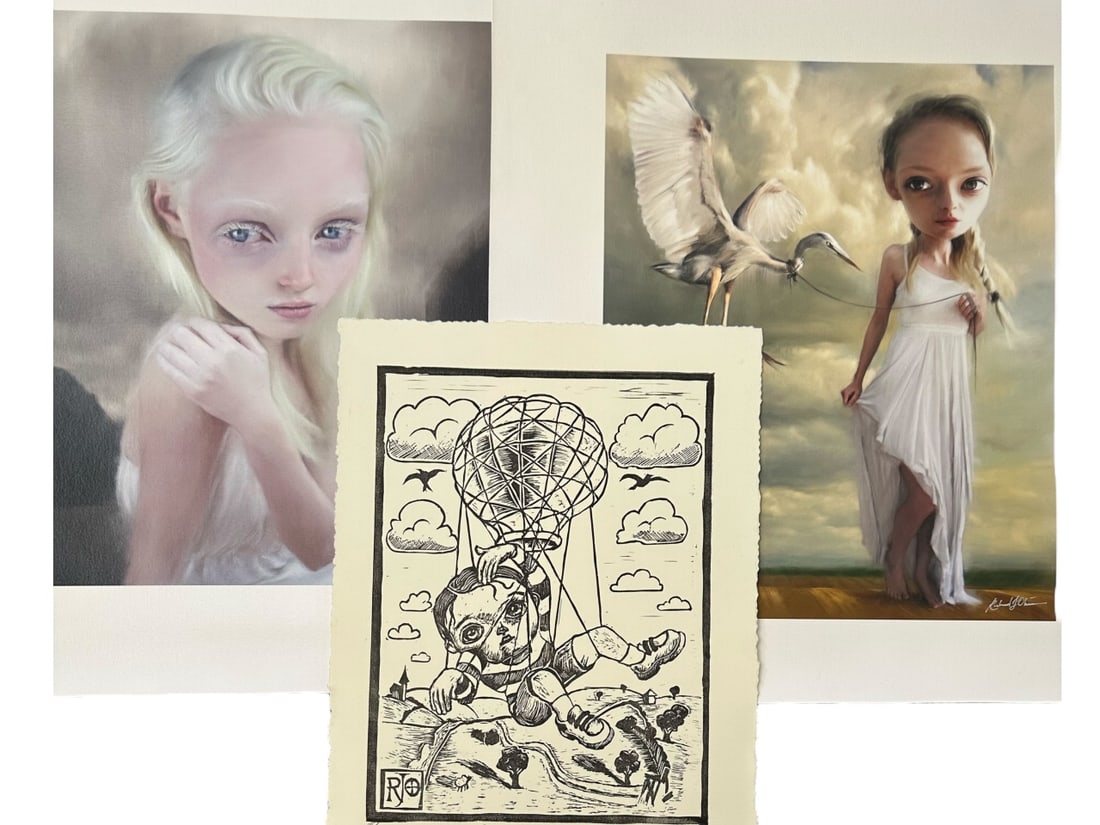 3pc Richard Oliver LE Lino & LE Giclees: 3 Pieces by Richard Oliver, (1) limited edition Lino titled "The Boy and The Balloon", #05/95 in pencil lower left, raised seal lower left, titled in pencil lower center, signed in pencil lower right,