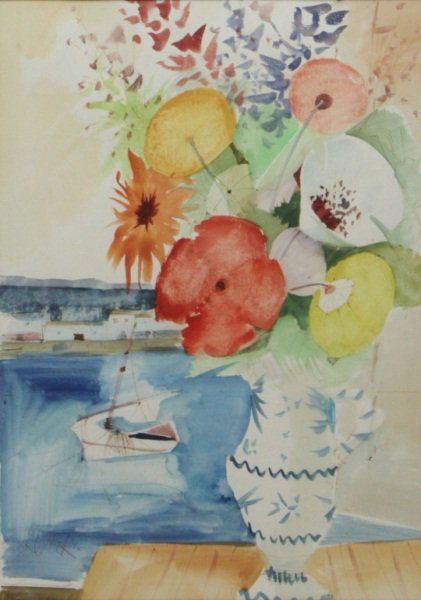 Charles Levier Watercolor on Paper: Charles Levier, (American, 1920-2004). Watercolor on paper. Still life with harbor and boat. Signed lower left, ''Levier'' Frame measures 26.5" x 22.25" Measurements: 15" x 21" Artist: Charles Levier