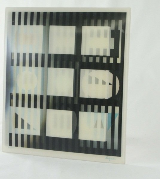 Agamagraph: Abstract, kinetic Agamograph by artist Yaacov Agam (Israel, born 1928). An Agamograph printing uses lenticular printing to present radically different images, depending on the angle from which it is v