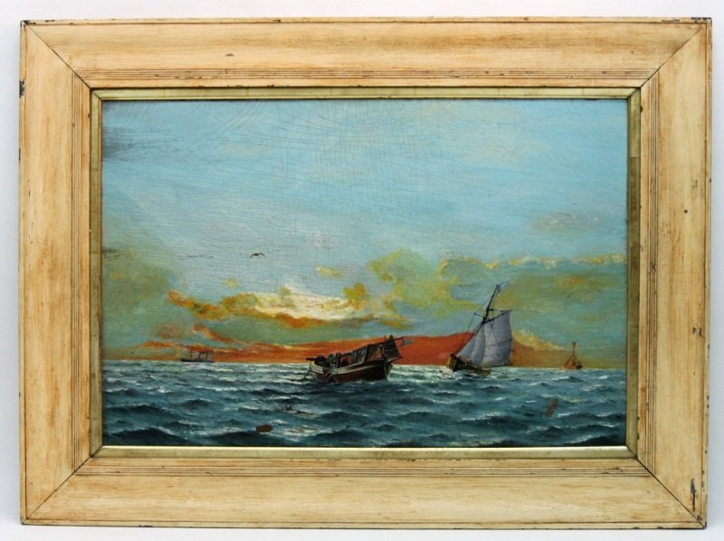 Aldro Thompson Hibbard Oil on Board "Ships at Sea": Oil on board depicting ships at sea by Aldro Thompson Hibbard (American, 1886 - 1972). Signed on verso, "A Hibbard". Measurements: 22.75" x 15" Artist: Aldro Thompson Hibbard Style: 20th Century