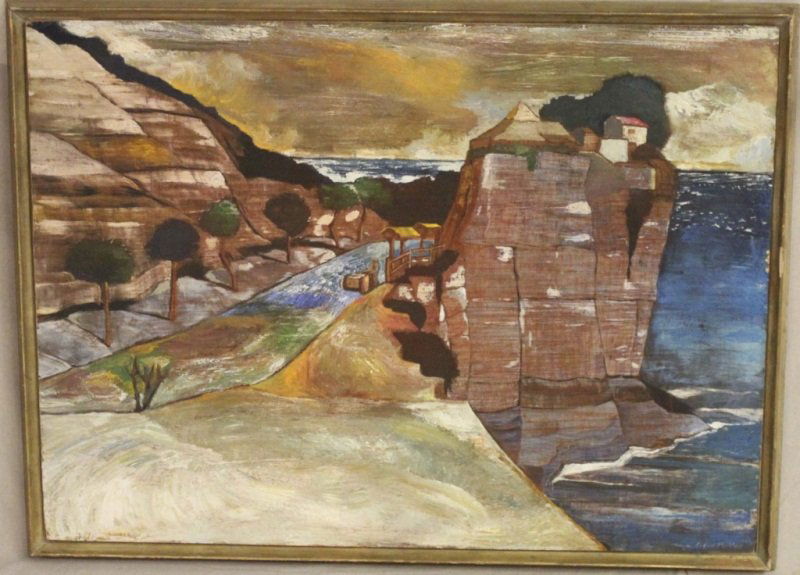 Paton Miller Oil on Board Seaside Village: Oil on board of a seaside village on a cliff with ocean background signed "Paton Miller" (American, 1953) on the lower right. Frame measures 35.5" x .5" x 28" Measurements: 30" x 23" Artist: Paton Mil