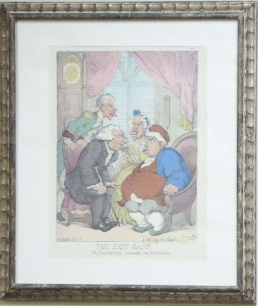 Thomas Rowlandson "The Last Gasp" Etching: Thomas Rowlandson (1756-1827) The Last Gasp, medical caricature [BM Satires 12145], original hand-coloured engraving, 1813 by Thomas Tegg. Frame measures 16" x 18.5" Measurements: 10" x 13" Artist: Th