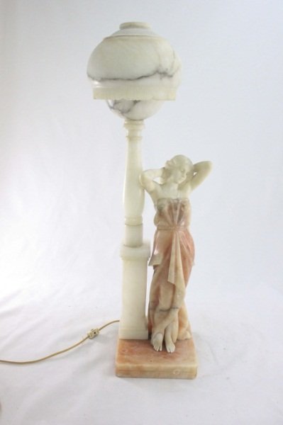 Figural Art Nouveau Alabaster Lamp: Fiqural Art Nouveau alabaster lamp in the form of a woman. Measurements: 8" x 7.5" x 25" Style: 19/20th century