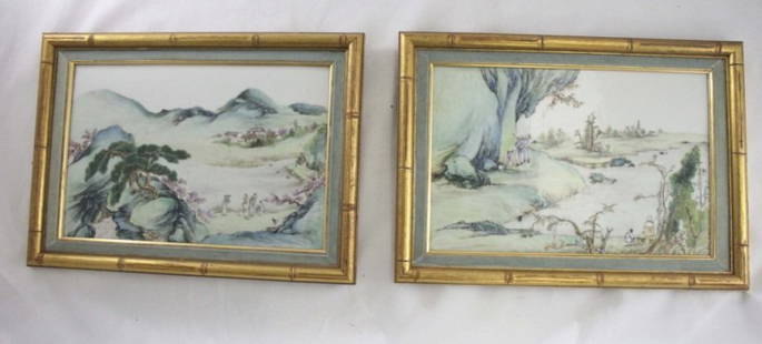 (2) Qing Chinese Hand-painted porcelain Tiles: (2) Qing Dynasty hand painted underglaze tiles in wooden frames. Frame measures 19" x 13.5". Measurements: 15" x 10" Style: Qing Dynasty