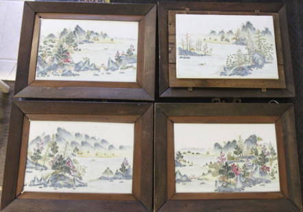 (4) Qing Chinese Painted Landscapes On Porcelain: Lot of (4) Qing Dynasty Chinese hand painted and enameled under glaze landscapes on tile. Frame measures 18.75" x 13.5" Measurements: 15.25" x 10.25" Style: Qing Dynasty