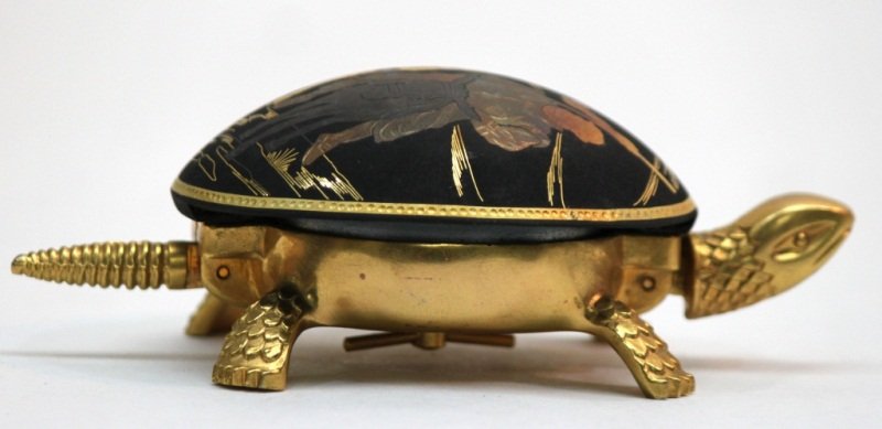 BOJ Brass Turtle Front Desk Bell Don Quixote: BOJ Espana brass turtle front desk bell for a hotel or front office. Don Quixote and Sancho Panza design on shell. Marked with "BOJ Eibar Espana" and Pat. NO. 19536/NO. 30366 stamped on the bottom. Me