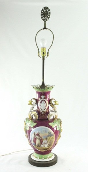 19th Century Hand Painted Old Paris Vase / Lamp: Old Paris hand painted vase mounted as a lamp with a scene depicting Ruth and Moses. Height measures to top of harp. Measurements: 10" d x 41" Style: Late 19th Century