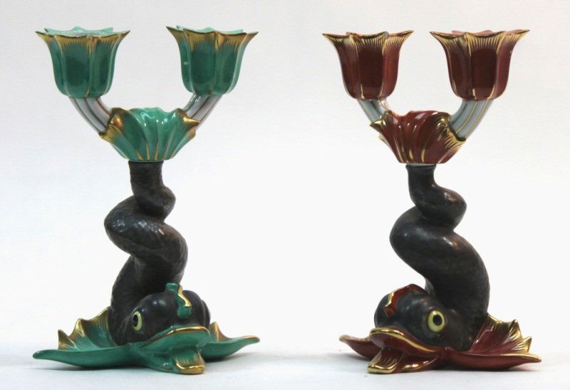 Pair of Herend Porpoise 2-Candle Holders: Lot of (2) hand painted Herend Hungarian porpoise two candle candleholders with applied gold detail. Measurements: 5.25" x 4" x 7" Artist: Herend Style: 20th Century