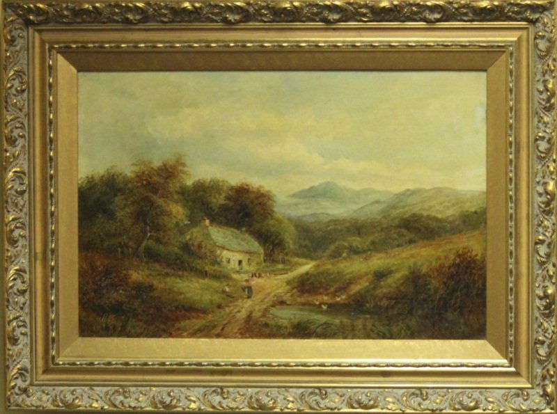 W. E. Ellis "Hudson School" Oil on Canvas: William E. Ellis (British, 1829-1891), "Hudson School". Pastorial painting of a farm house and pond with farmers and farm animals. Signed W.E. Ellis in bottom right. (2) small tears in canvas, paining