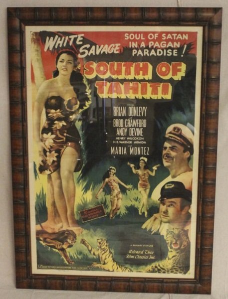 "South of Tahiti" 1941 Movie Lithograph: Movie lithograph of 1941 "South of Tahiti" movie staring Brian Donlevy, Broderick Crawford and Andy Devine. Frame measures 32.5" x .75" x 46". Measurements: 26.75" x 40" Style: 20th Century