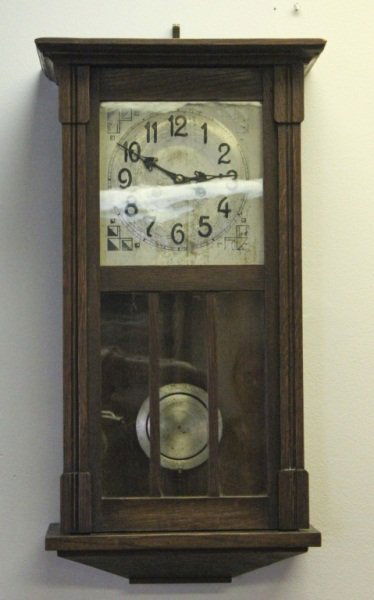 Mission Oak Arts & Crafts Wall Clock: Mission Oak Arts & Crafts Wall Clock from a schoolhouse in working condition. Measurements: 13.5" x 6" x 27" Style: Arts and Crafts