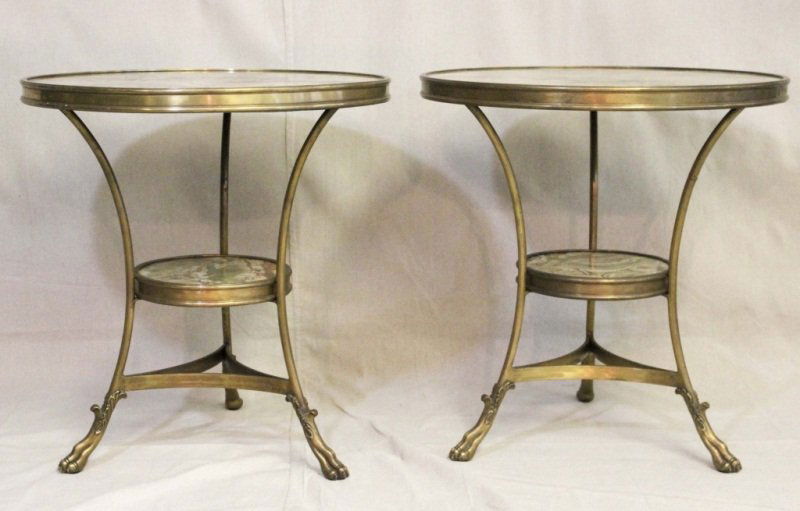 (2) La Barge Onyx & Wrought Bronze Side Tables: Lot of (2) 2 tiered green onyx and solid bronze side tables with goat feet. La Barge labeled on the bottom. Measurements: 25" d x 26" Artist: La Barge Style: Modern
