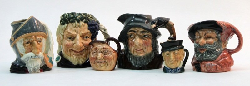 (6) Royal Doulton Character Mugs: Lot of five Royal Doulton character mugs. "Bacchus", "Rip Van Winkle", "Falstaff", and "Don Quixote" all measure approximately 4' x 3.5" x 4.25". "John Barleycorn" and "Mr. Micawber" measure approxima