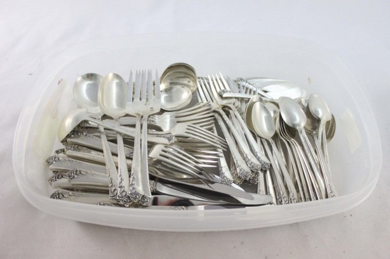 Heirloom Sterling "Damask Rose" Service for 12: Heirloom sterling "Damask Rose" flatware set for 12. 89 pcs. total including serving utensils. 12 soups spoons, 24 teaspoons, 12 salad forks, 12 dinner forks, 12 butter knives, 12handle knives, 2 serv