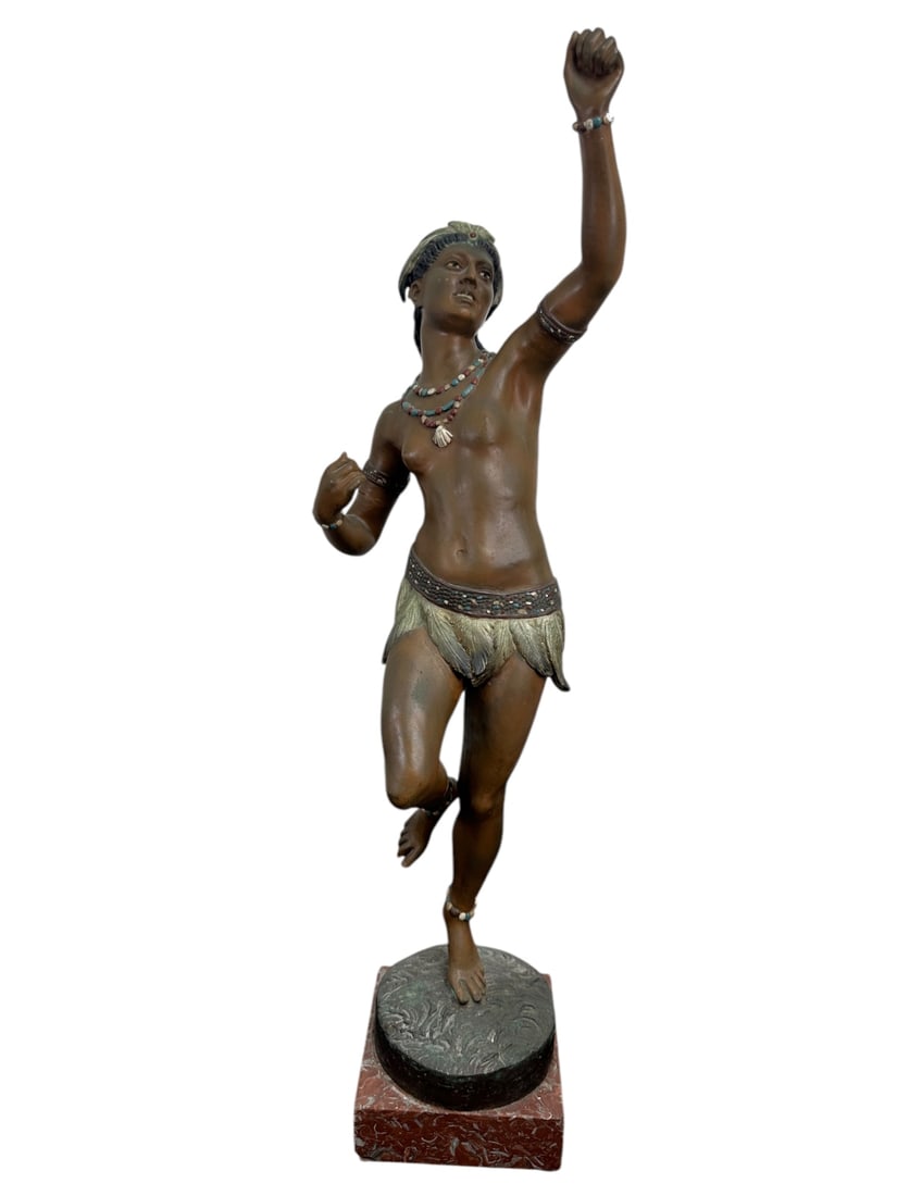 Carl Kauba (1865-1922) Bronze Signed Nude Dancer: Carl Kauba (1865-1922) bronze signed nude dancer, likely a representation of a Native American woman. Polychrome painted accents. Signed C. Kauba on base. Mounted on rouge marble base. Excellent condi