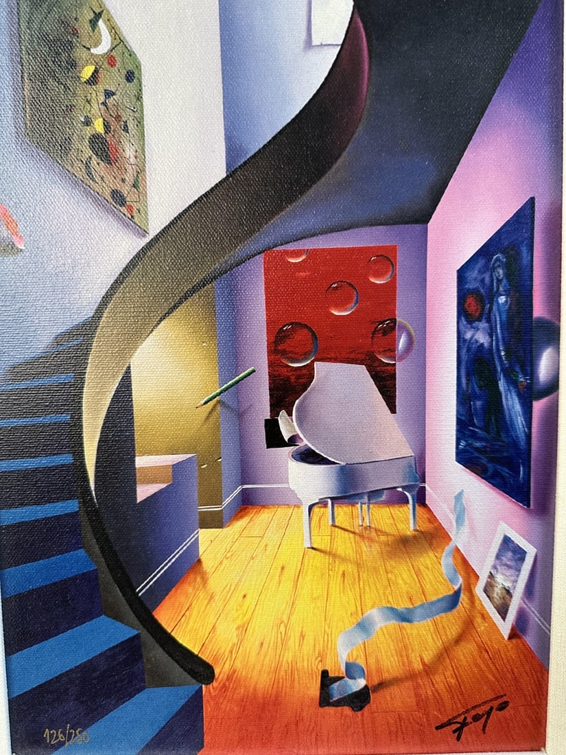 Ferjo (Fernando de Jesus Oliveira) Giclee Canvas: Ferjo (Fernando de Jesus Oliveira) giclee on canvas, titled "The Blue Stairs". From Wentworth Gallery. Surrealistic piece features winding staircase with blue steps, white grand piano, abstract painti