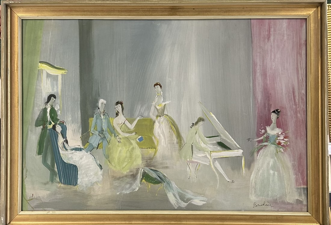 Dimitri Bouchene "Les Gens au Theatre": Original Dimitri Bouchene (Russian-French 1893-1993), titled "Les Gens au Theatre". Signed lower right. on verso is label Peintre (translation Painter) Dimitri Bouchene and title "Les Gens au Theatre"