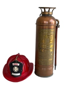 Antq Fire Extinguisher & Leather Fireman's Hat